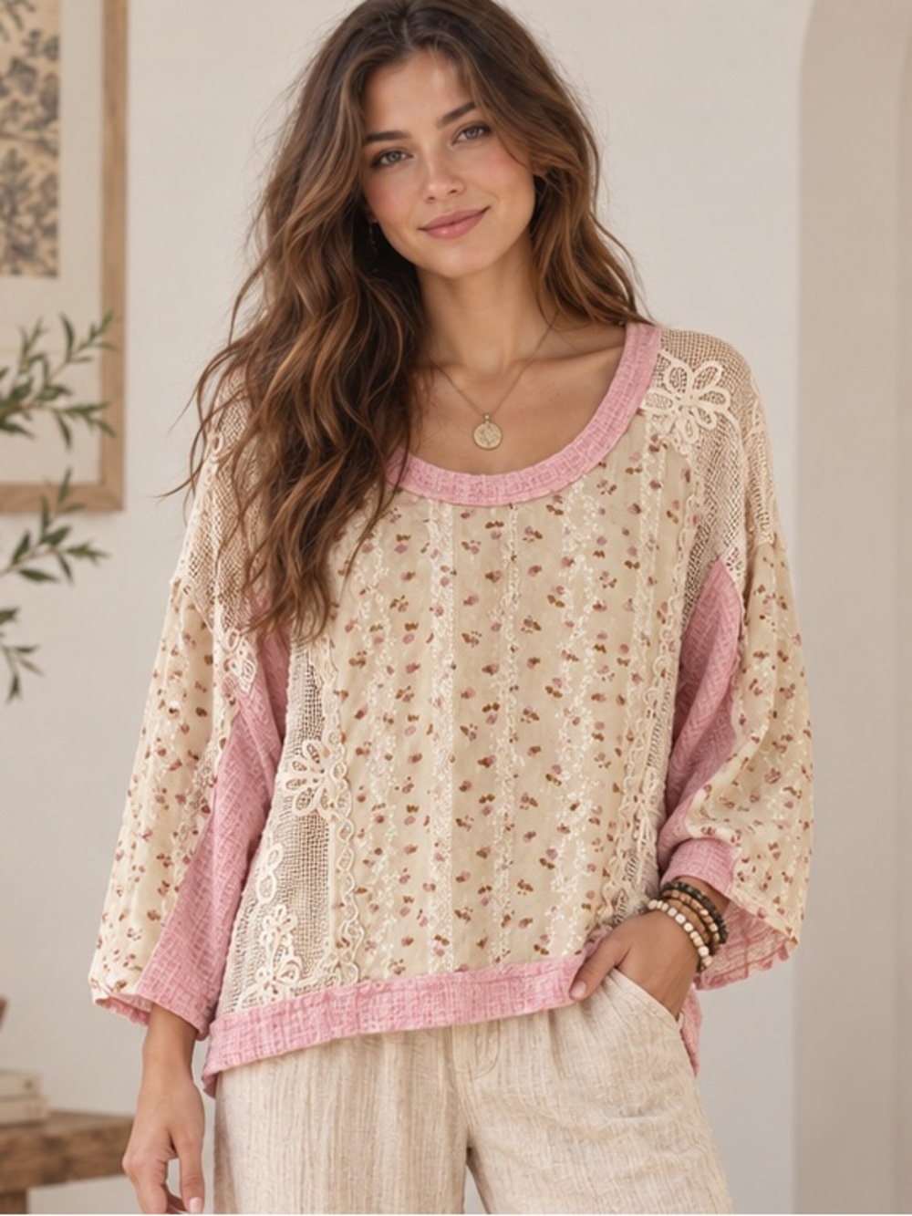 POL Women's Pink and Cream Blouse With Cotton Detail Long Sleeve Top SZ L NEW